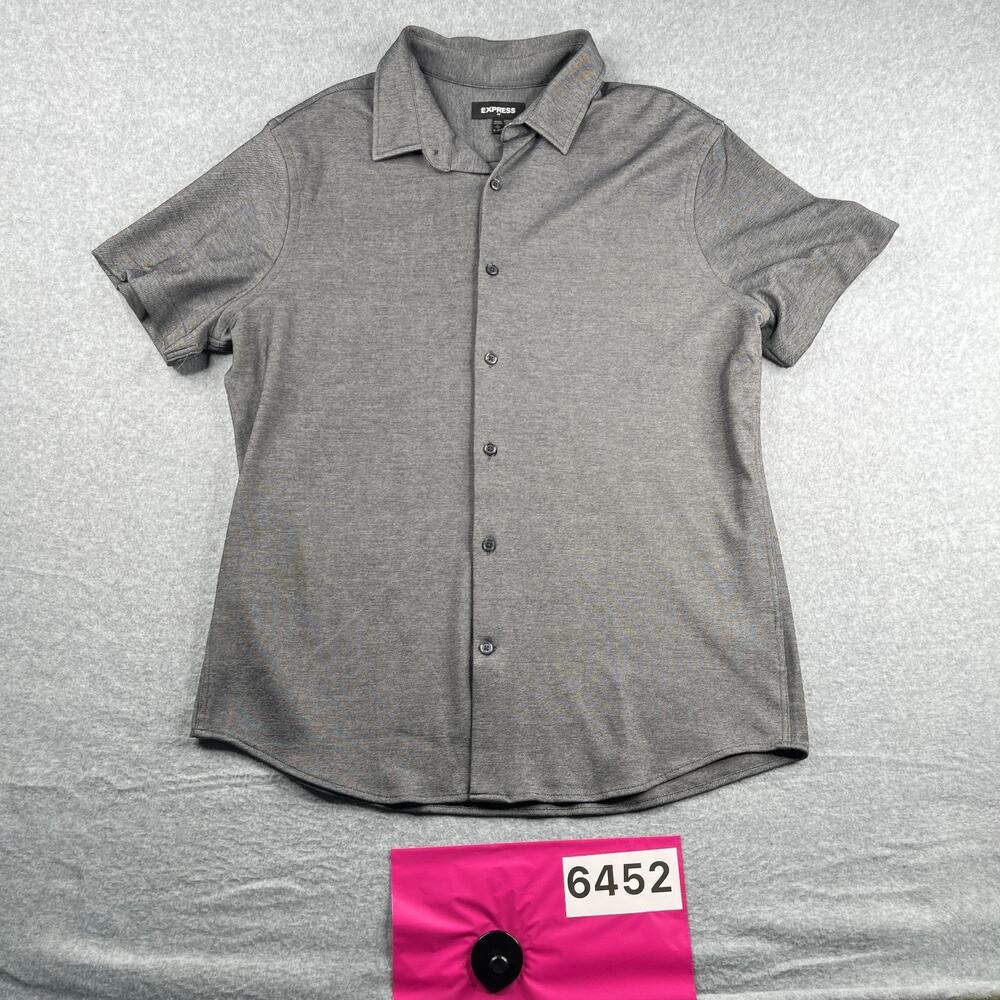 Express Gray Casual Shirt Large Birds Eye Button Up Short Sleeve Mens